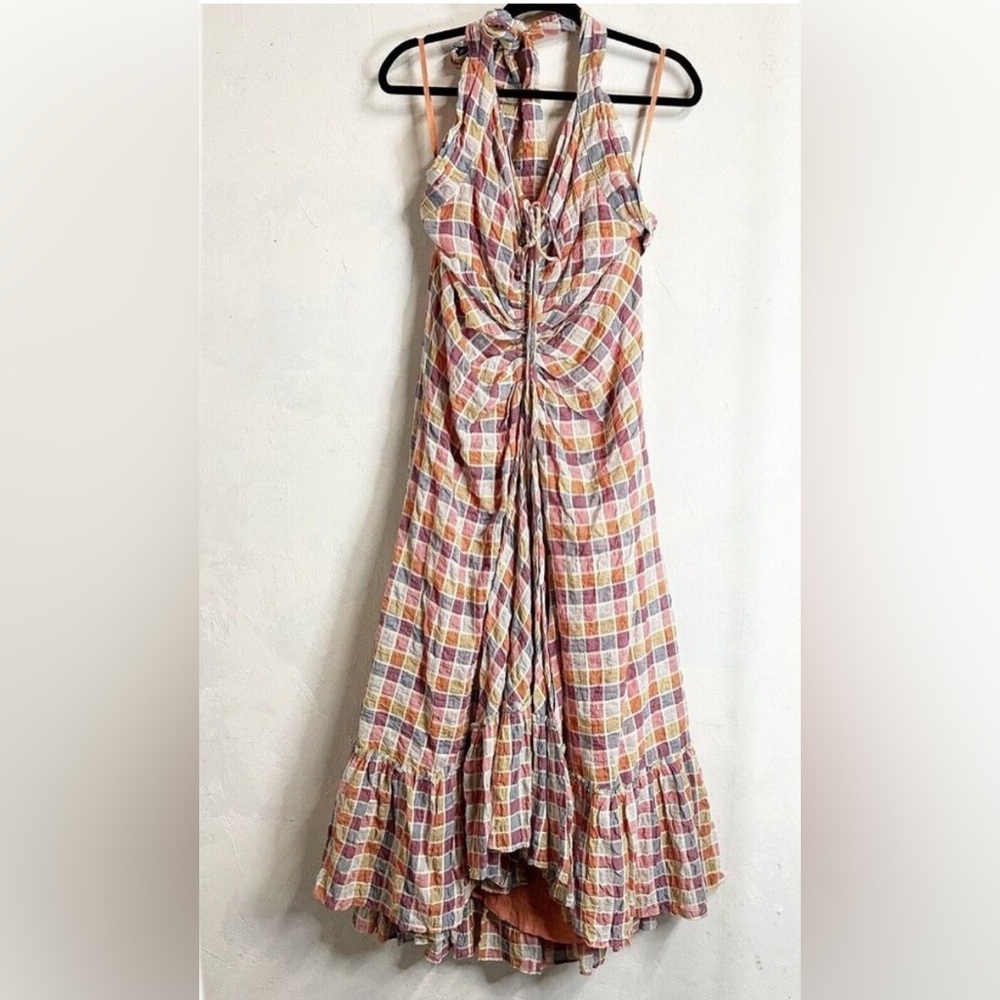 Free People In Full Bloom Maxi Dress Size 12 Rainbow Dreams Plaid Halter